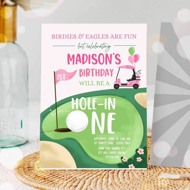 Hole in One Kids Birthday Invitation, Golf First Kids Birthday, Par-tee Golf Invite Girl Golfing