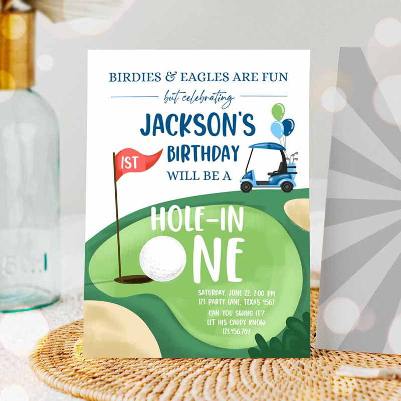 Hole in One Kids Birthday Party, Golf First Kids Birthday, Par-tee Golf Invite Boy Golfing