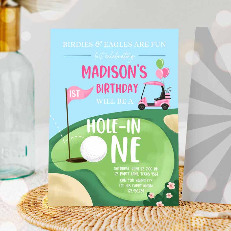 Hole in One Kids Birthday, Golf First Kids Birthday, Par-tee Golf Invite Girl Golfing