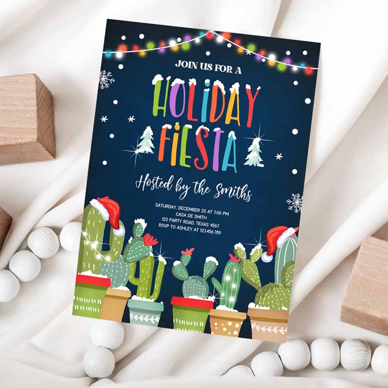 Holiday Fiesta Christmas Invitation, Cactus Mexican Holidaymas Party, Feliz Navidad