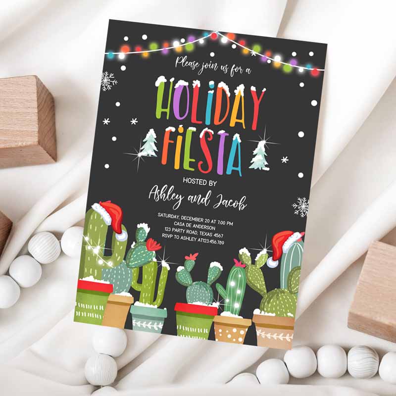 Holiday Fiesta Invitation,mas Party Invitation, Cactus Mexican Holiday Christmas Fiesta