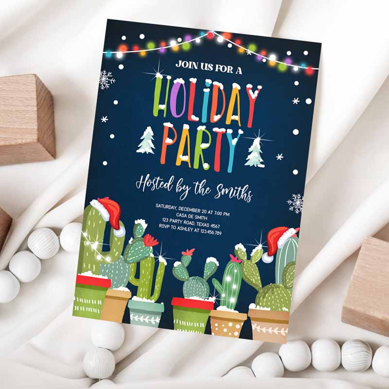 Holiday Party Invitation, Christmas Fiesta Cactus Mexican Holiday Feliz Navidadmas Party