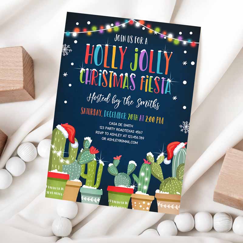 Holly Jolly Christmas Fiesta Invitation, Cactus Mexican Holidaymas Party, Feliz Navidad