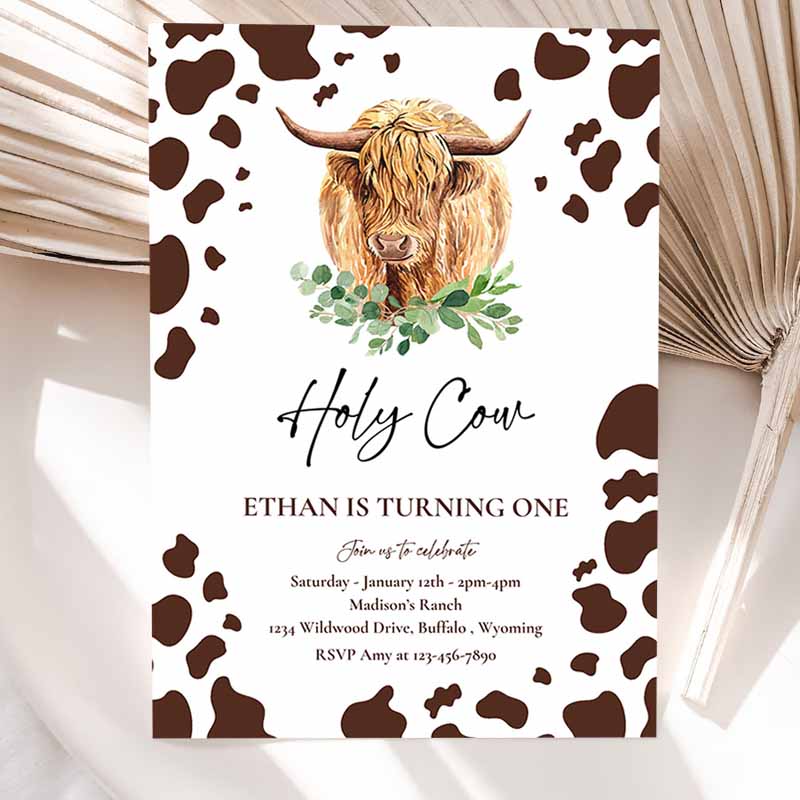 Holy Cow I'm One Kids Birthday, Highland Cow Kids Birthday, Boy Ranch Farm Cow Kids Birthday Party