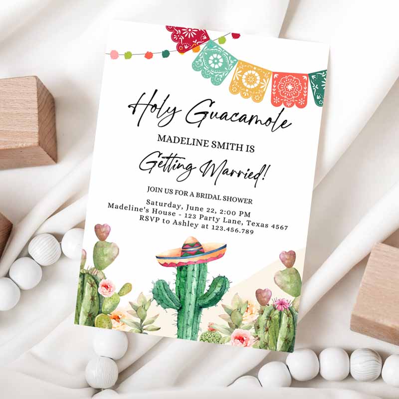 Holy Guacamole Bridal Shower Invitation, Couples Fiesta Mexican Watercolor Cactus Succulent Desert