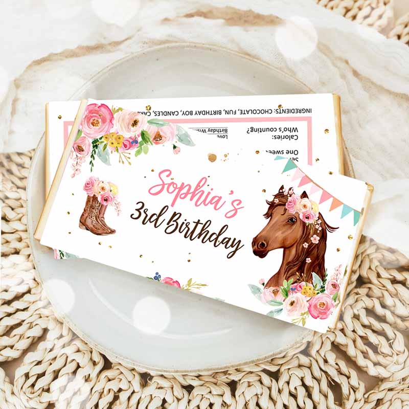 Horse Chocolate Bar Labels, Candy Bar Wrapper Horse Kids Birthday, Cowgirl Floral Girl Saddle Up