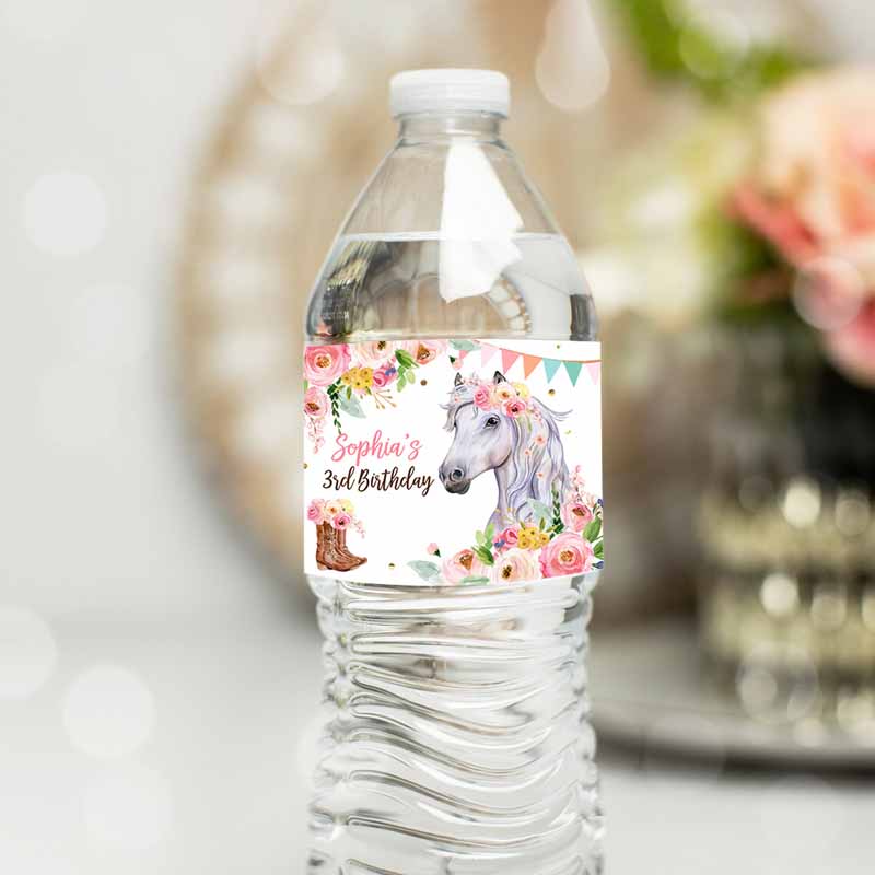 Horse Water Bottle Label Horse Kids Birthday, Decor Cowgirl Pony Party, Saddle Up Floral Pink Bottle Label