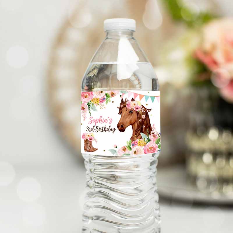 Horse Water Bottle Labels Horse Kids Birthday, Decor Cowgirl Pony Party, Saddle Up Floral Pink Bottle Label