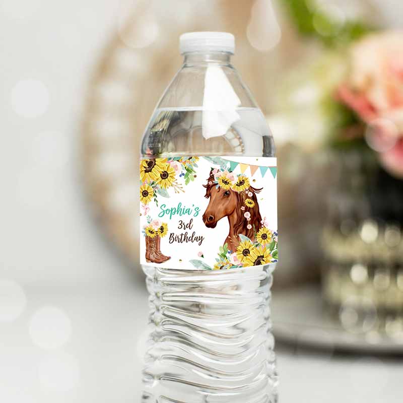 Horse Water Bottle Labels Horse Kids Birthday, Decor Cowgirl Pony Party, Saddle Up Sunflowers Bottle Label