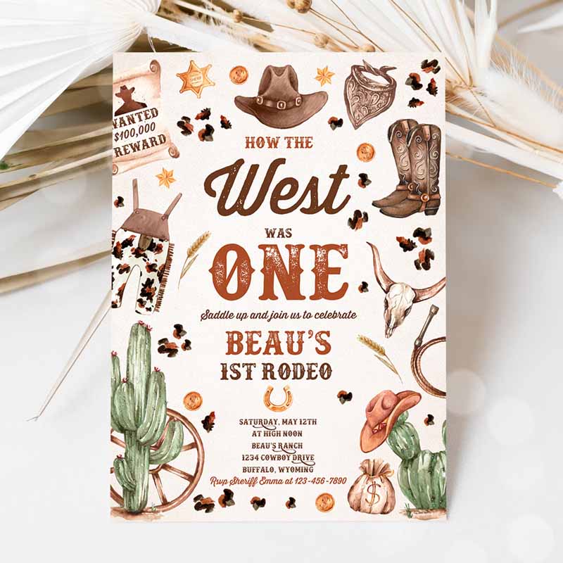 Howe West Was One Kids Birthday, Cowboy Kids Birthday Invitation, Wild West Cowboy Rodeo Template