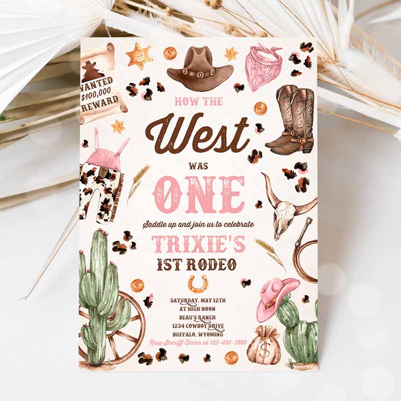 Howe West Was One Kids Birthday, Cowgirl Kids Birthday Invitation, Wild West Pink Cowgirl Rodeo