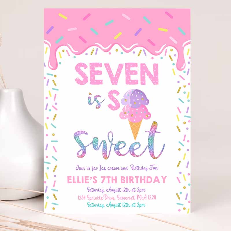 Ice Cream Invitation, Seven Is So Sweet Kids Birthday Invitation, Ice Cream Kids Birthday Party, Sweet Ice Cream Party