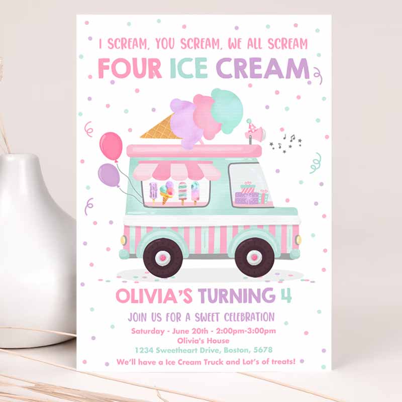 Ice Cream Truck Kids Birthday Invitation, I scream You Scream We All Scream Four Ice Cream Kids Birthday Party