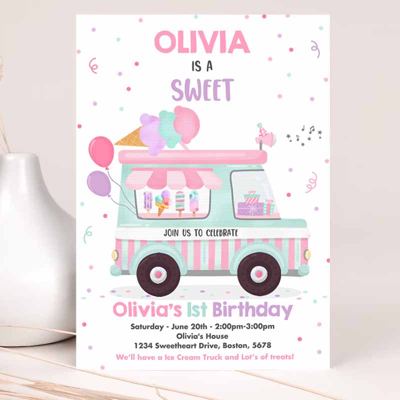 Ice Cream Truck Kids Birthday Invitation, Ice Cream Sweet One Party Invitation, Sweet One Ice Cream Kids Birthday Party