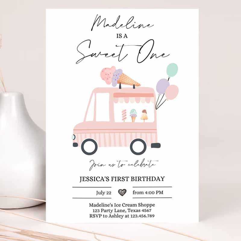 Ice Cream Truck Kids Birthday Invitation, Ice Cream Sweet One Modern Kids Birthday Party, First