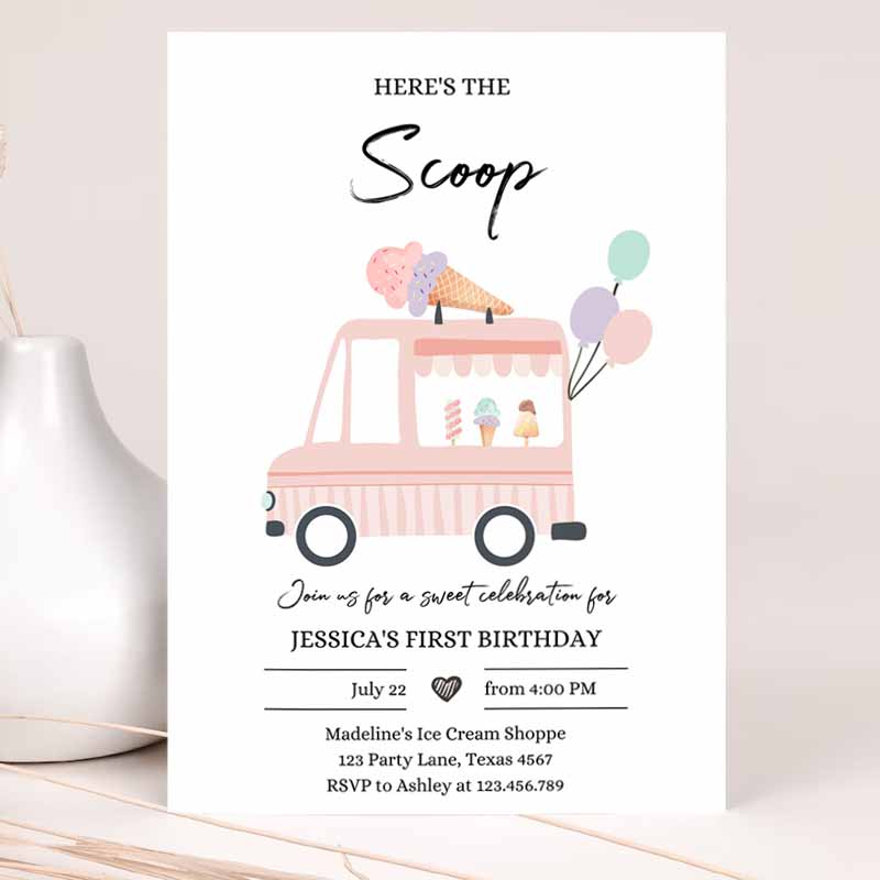 Ice Cream Truck Kids Birthday Invitation, Ice Cream Truck Invite Modern Ice Cream Shoppe Vane Scoop Invitation