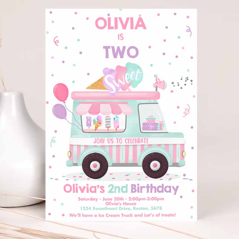 Ice Cream Truck Kids Birthday Invitation, Ice Cream Two Sweet Kids Birthday, Two Sweet Ice Cream Party