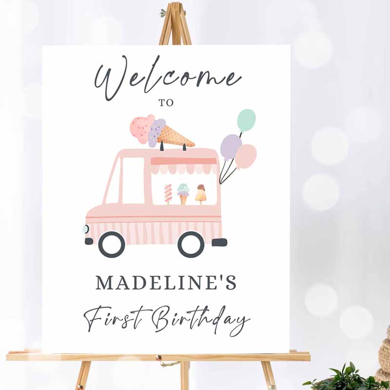 Ice Cream Truck Party, Welcome Sign, Ice Cream Kids Birthday, Welcome Scoop Modern Girl Summer Pink Purple