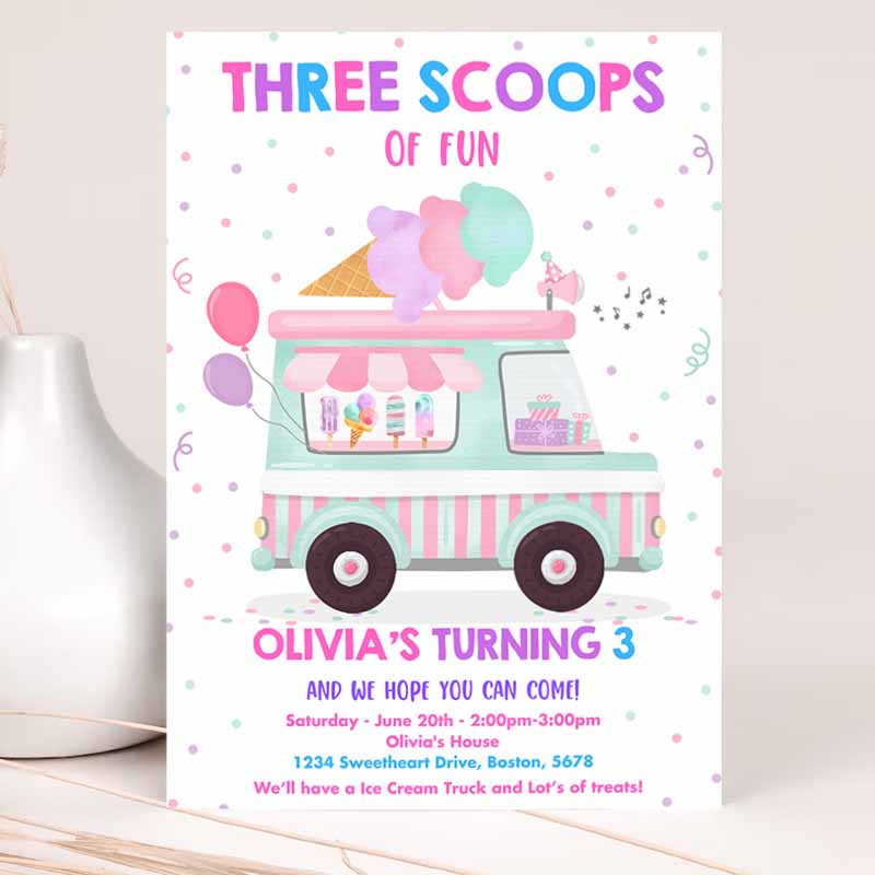 Ice Cream Truck Three Scoops Of Fun Kids Birthday, Ice Cream Kids Birthday, Three Scoops Of Fun