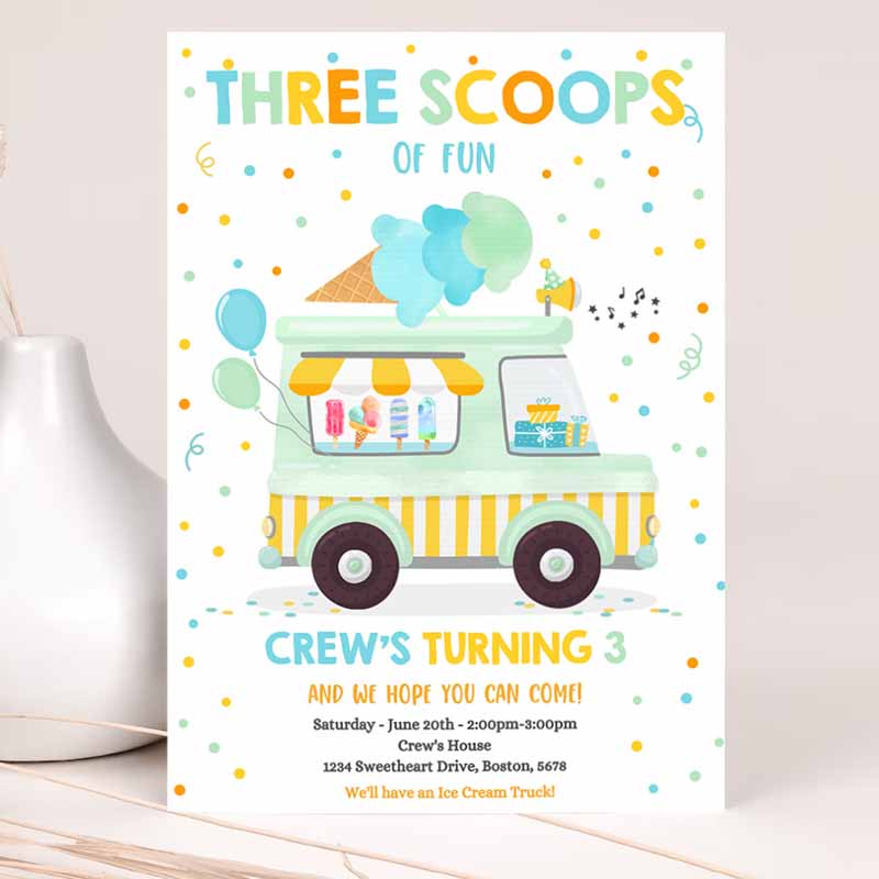 Ice Cream Truck Three Scoops Of Fun Party Invitation, Ice Cream Kids Birthday, Three Scoops Of Fun