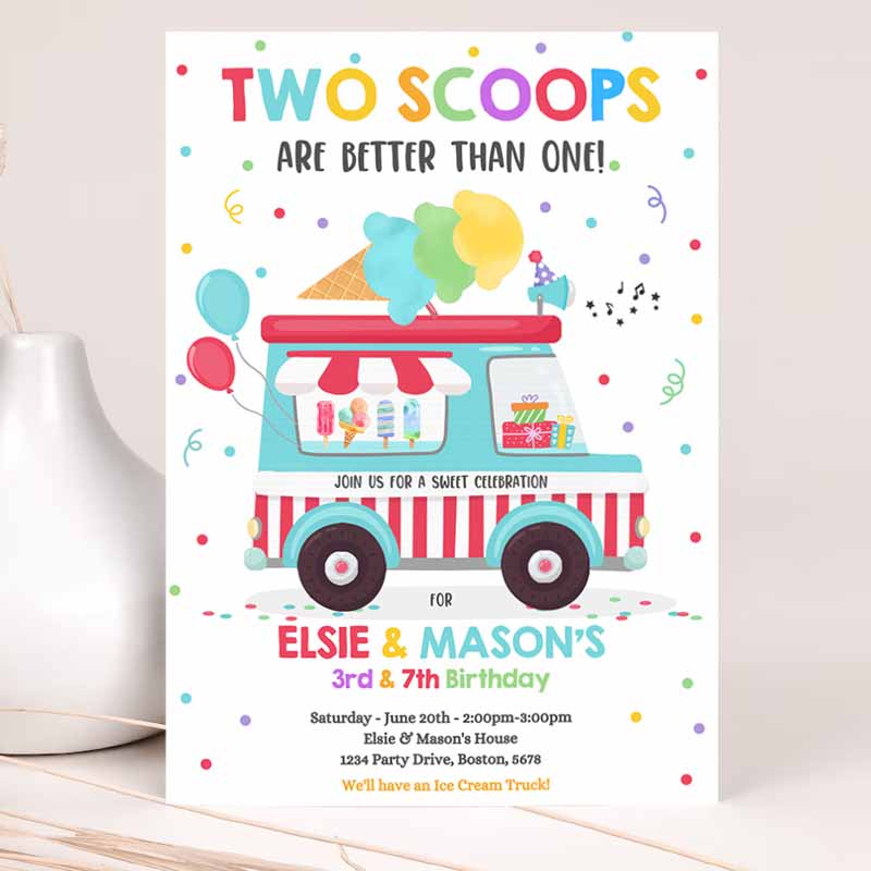 Ice Cream Truck Twin Kids Birthday, Invite Twin Ice Cream Kids Birthday Invitation, Two Scoops Are Betteran One