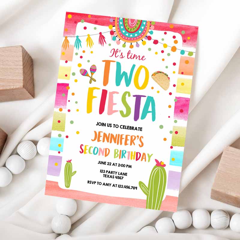 It's Time Two Fiesta Kids Birthday Invitation, Cactus Mexican Boy Girl Cactus