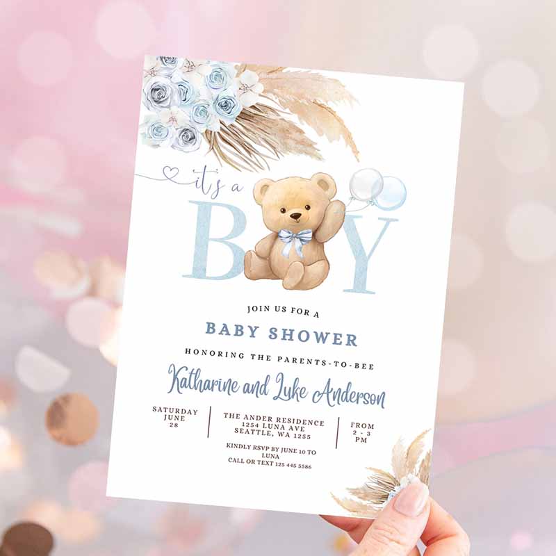 It's a BOY Blue Pampas Grass We Can Bearly Wait Blue Boho Teddy Bear Baby Shower Invitation