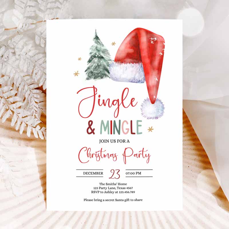 Jingle Mingle Christmas Party Invitation, Tree Holiday Party, Invite Santa Hat