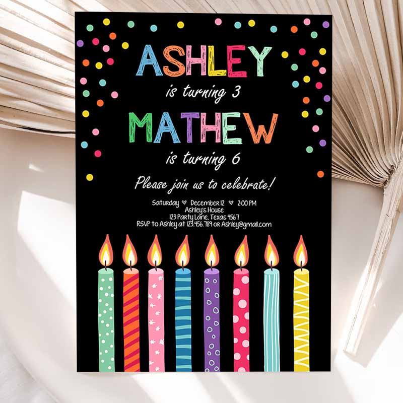 Joint Twin Kids Birthday Invitation, Twins Candles Confetti Boy Girl ANY AGE Dual Party