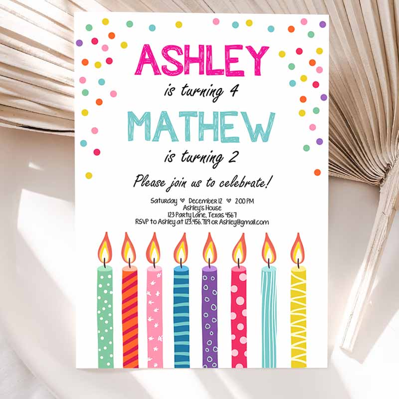 Joint Twin Kids Birthday Invitation, Twins Confetti Siblings Kids Birthday Party, Boy Girl