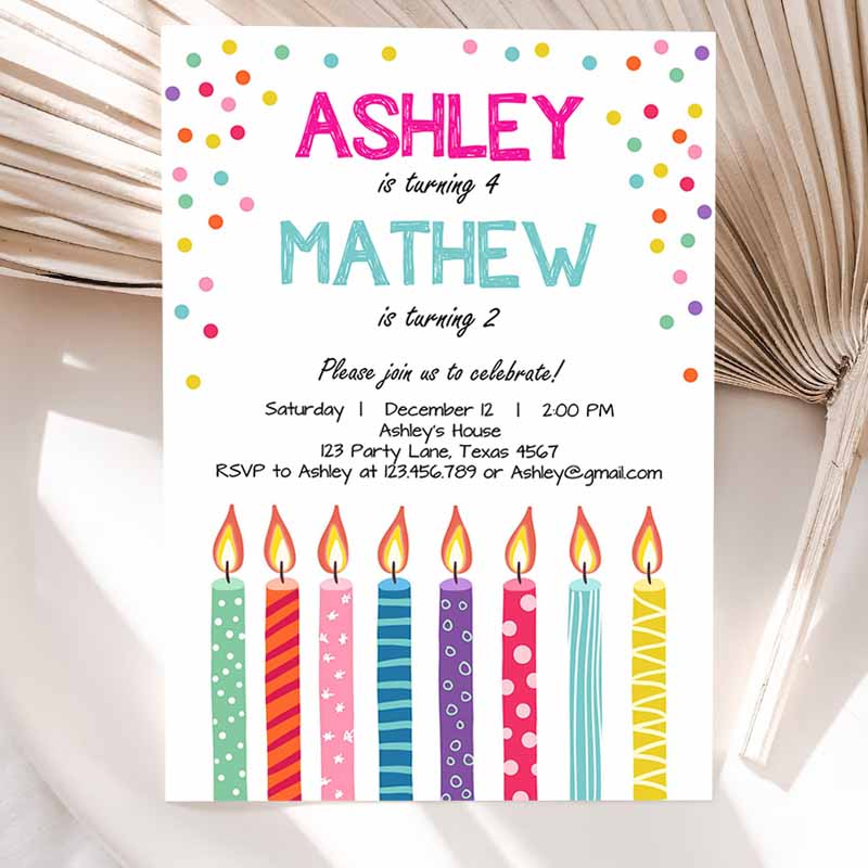 Joint Twin Kids Birthday Invitation, Twins Confetti Siblings Kids Birthday Party, Boy Girl Invitation