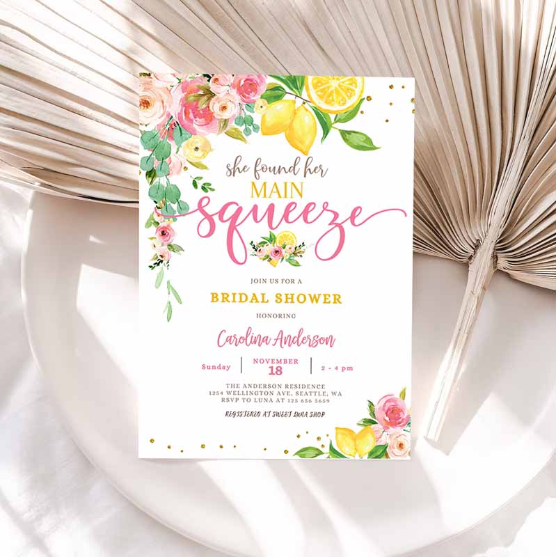 Lemon Bridal Shower Invitation, Pink Floral Citrus She Found Her Main Squeeze