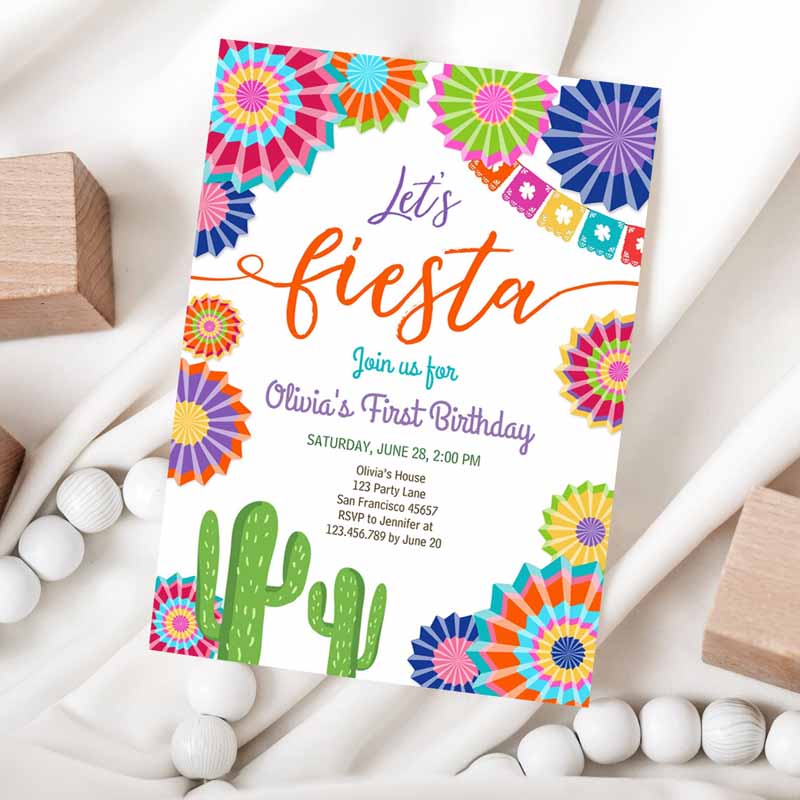 Let's Fiesta Kids Birthday Invitation, ANY AGE Girl First Kids Birthday, Uno Cactus Cinco Mayo Mexican