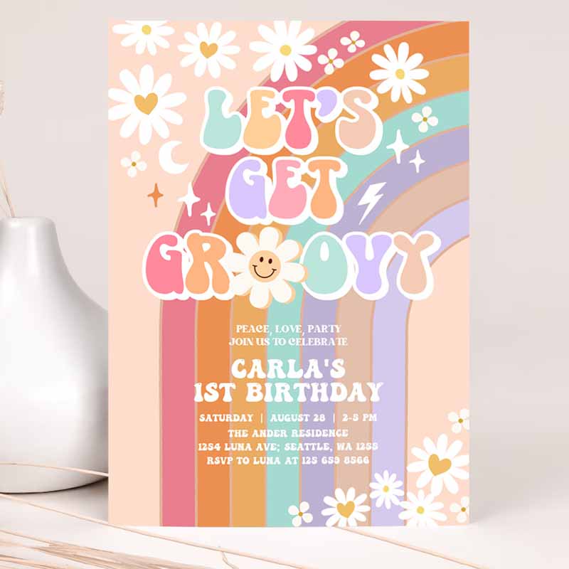 Let's Get Groovy Invite Daisy Rainbow Groovy Kids Birthday, Invite Hippie Retro Kids Birthday Invitation