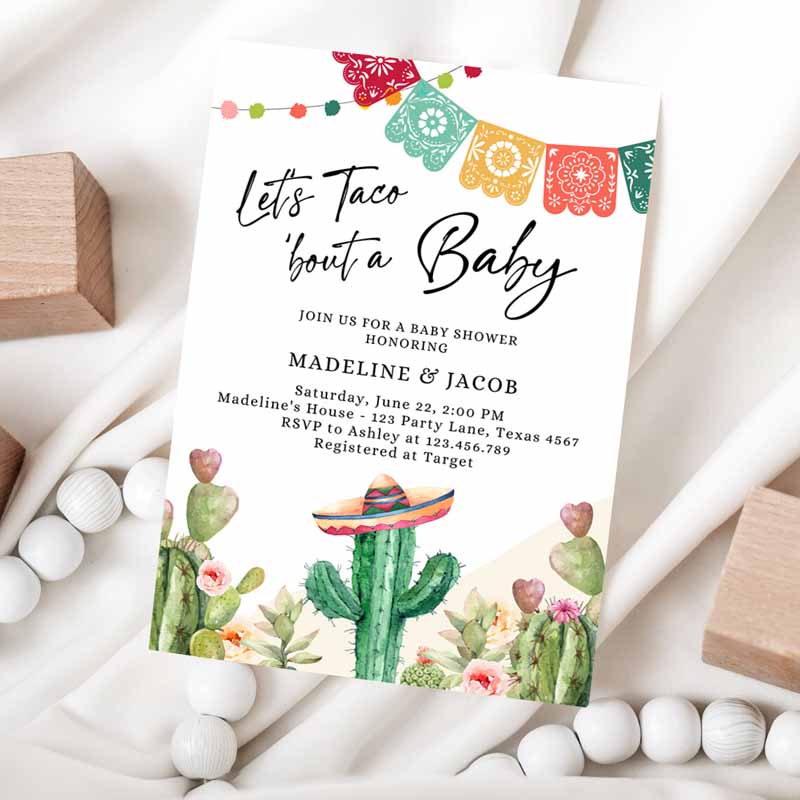 Let's Taco Bout a Baby Shower Invitation, Cactus Mexican Fiesta Couples Shower Desert Watercolor