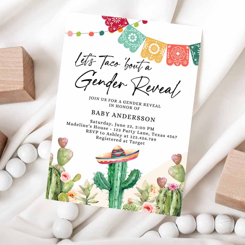 Let's Taco Bout a Gender Reveal Party Invitation, Cactus Mexican Fiesta He or She Boy Girl Watercolor