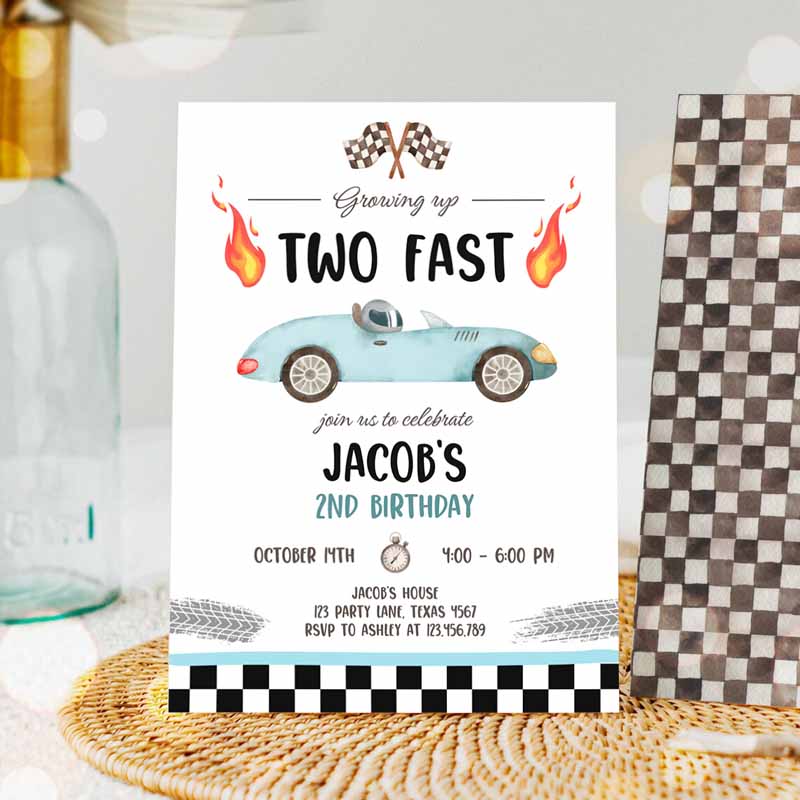 Light Blue Racing Car Kids Birthday Invitation, Growing Up Two Fast Invite Second Kids Birthday, Boy Party Invitation