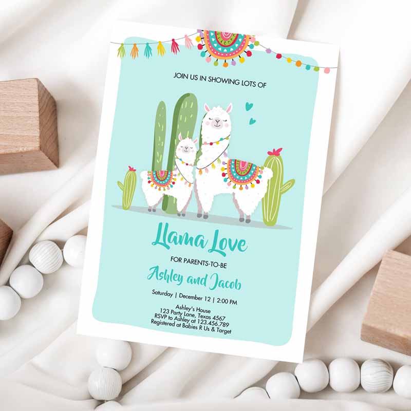 Llama Baby Shower Invitation, Blue Boy Llama Love Fiesta Cactus Mexican Couples Shower