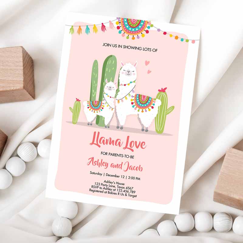 Llama Baby Shower Invitation, Llama Love Fiesta Cactus Mexican Couples Coed Shower Pink Girl