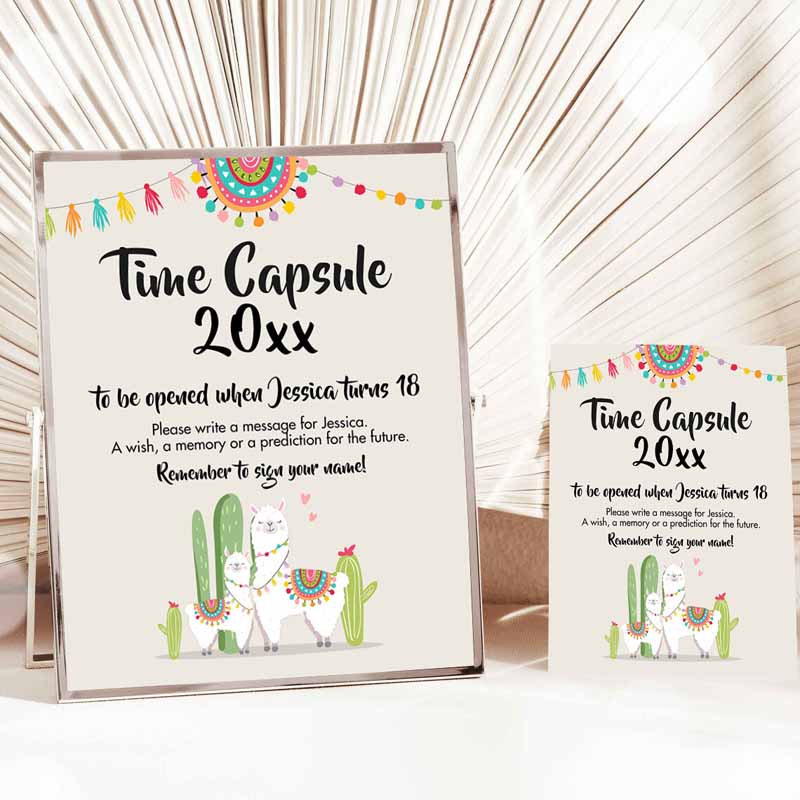 Llama Time Capsule Kids Birthday, Fiesta Llama Baby Shower Guestbook Wishes for Baby Shower Neutral Alpaca