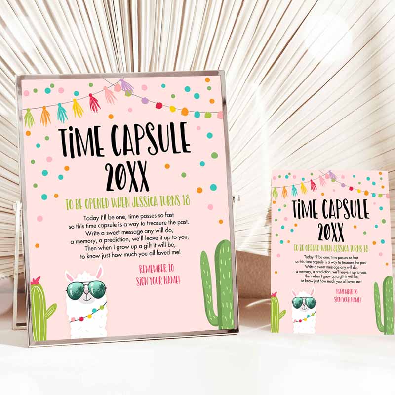 Llama Time Capsule Kids Birthday, Fiesta Llama Sunglasses Guestbook Wishes for Baby Shower Pink Girl