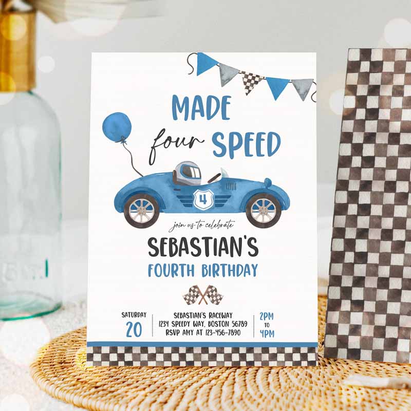 Made Four Speed Race Car Kids Birthday Invitation, Boy Vintage Blue Race Car Kids Birthday Party, Made Speed Template