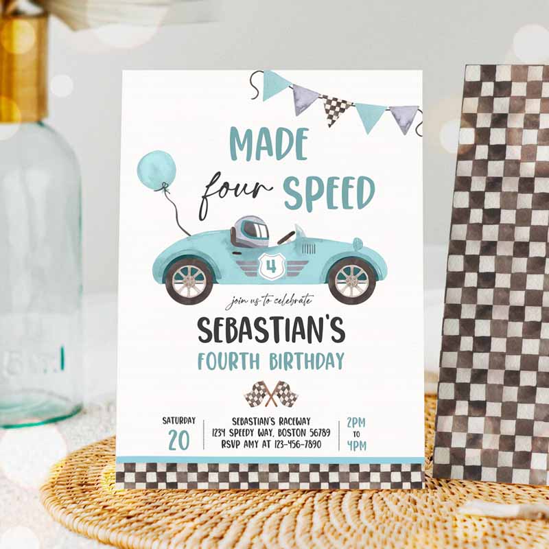 Made Four Speed Race Car Kids Birthday Invitation, Boy Vintage Blue Race Car Kids Birthday Party, Made Speed