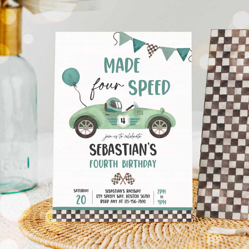 Made Four Speed Race Car Kids Birthday Invitation, Boy Vintage Green Race Car Kids Birthday Party, Made Speed