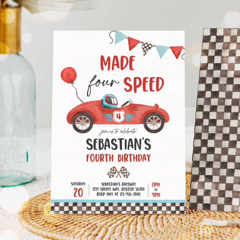 Made Four Speed Race Car Kids Birthday Invitation, Boy Vintage Red Race Car Kids Birthday Party, Made Speed Party