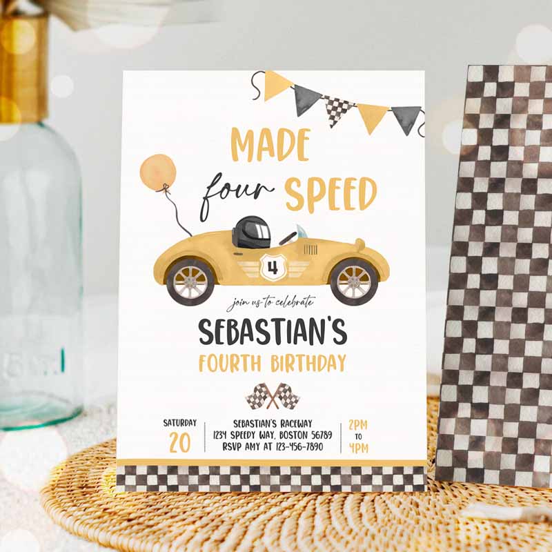 Made Four Speed Race Car Kids Birthday Invitation, Boy Vintage Yellow Race Car Kids Birthday Party, Made Speed