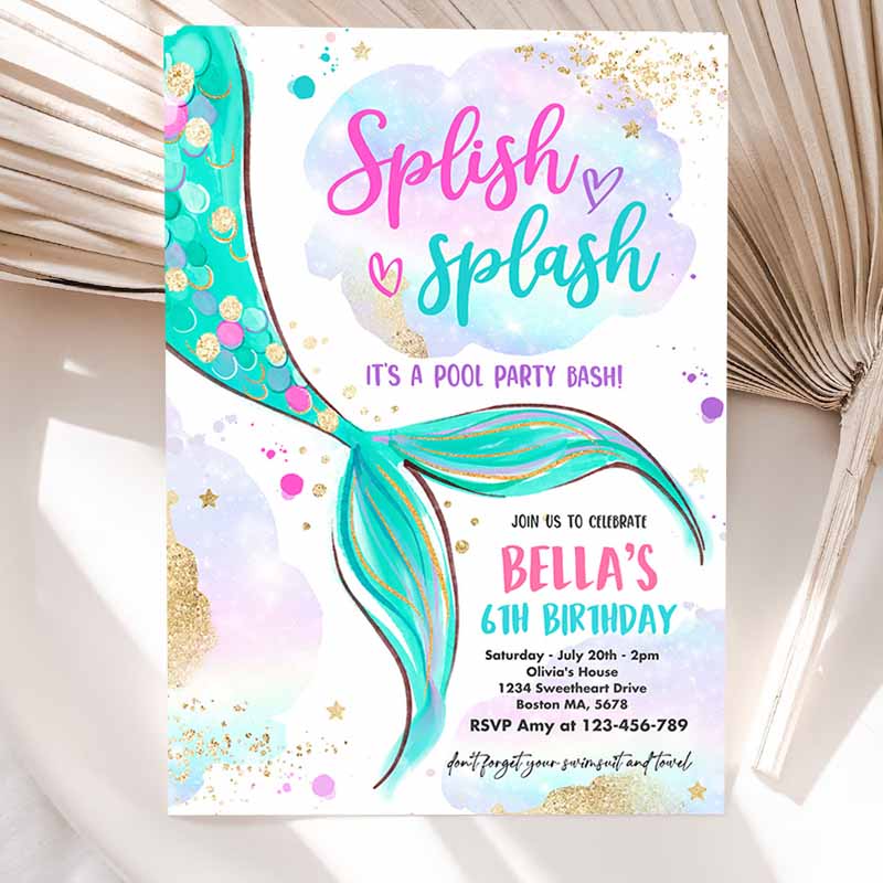 Mermaid Kids Birthday Invitation, Mermaid Pool Party Invitation, Pink Gold Mermaid Under The Sea Pool Kids Birthday Party