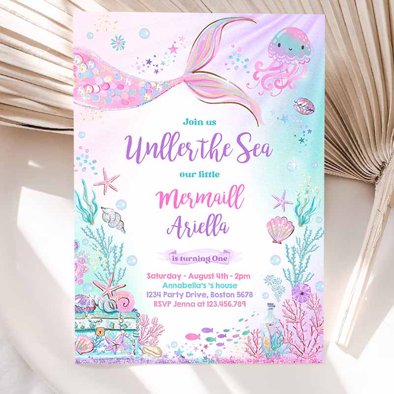 Mermaid Kids Birthday Invitation, Mermaid Under The Sea Kids Birthday Party, Whimsical Mermaid Kids Birthday Party