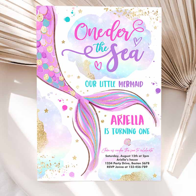 Mermaid ONEder The Sea Kids Birthday Invitation, Mermaid Kids Birthday Party, Pink Gold Whimsical Mermaid Kids Birthday