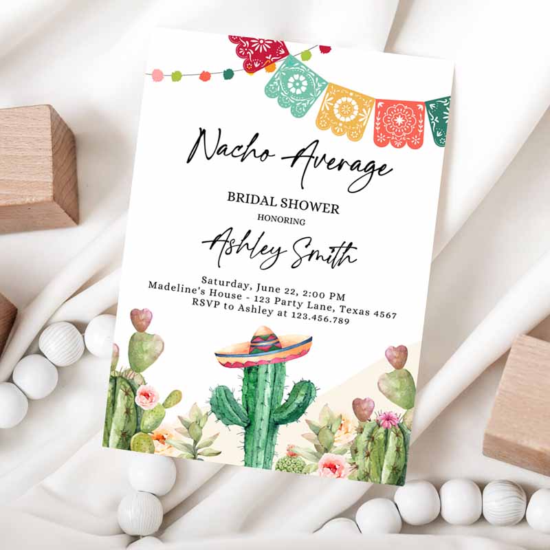 Nacho Average Bridal Shower Invitation, Couples Fiesta Mexican Watercolor Cactus Succulent Desert